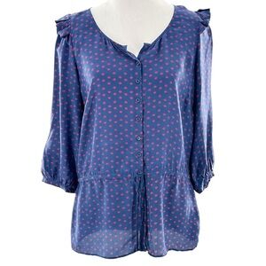 Petticoat Alley top S blue red 100% silk ruffle button down statement sleeves